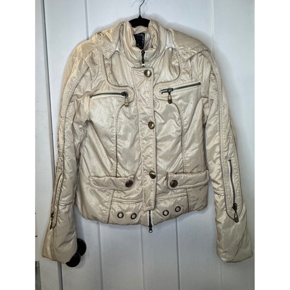 BYIDA Jackets & Blazers - Womens Cream Metallic Hooded Jacket Zip Pockets Moto Style Size M L1.2